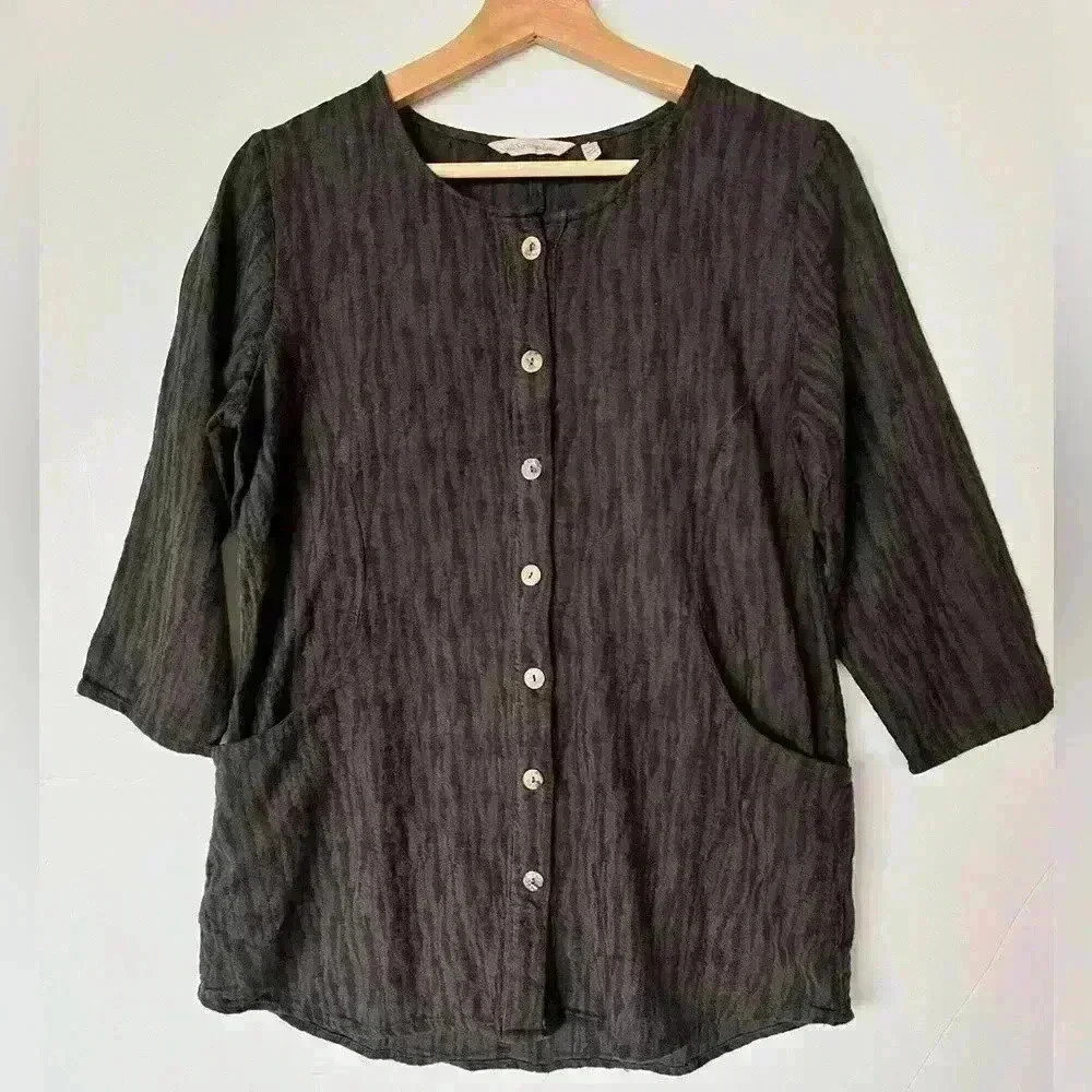 Soft Surroundings Ellis Grey Black Tiger Stripe Button-Down Tunic